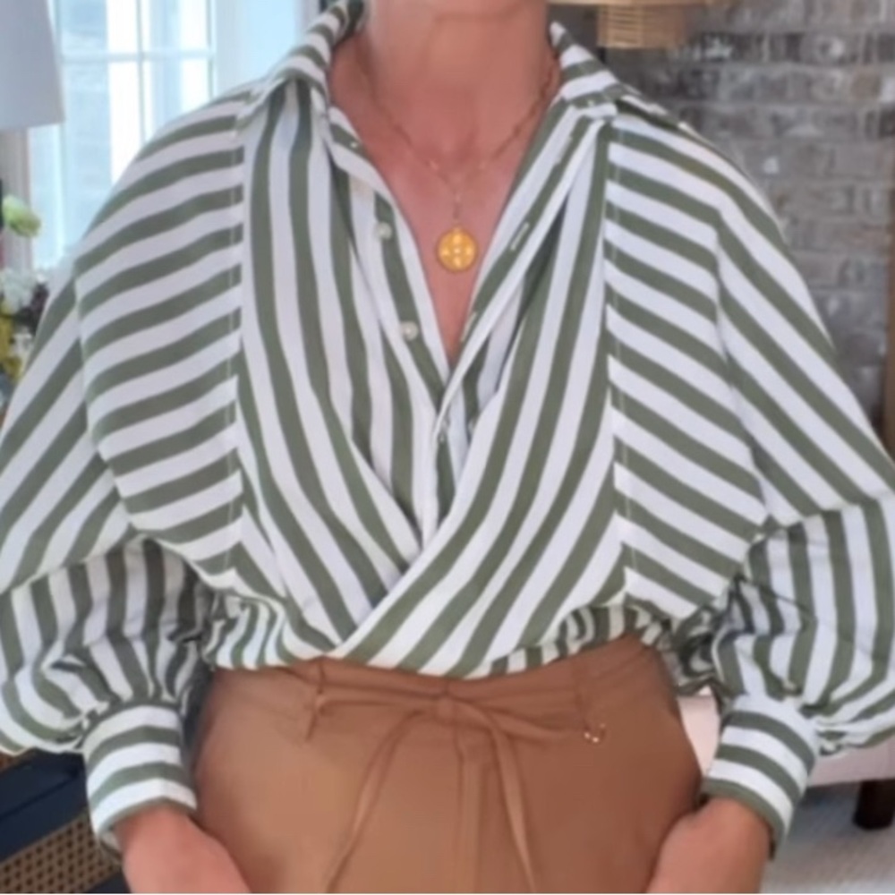 Anthropologie White & Olive Oversized Button Down Shirt